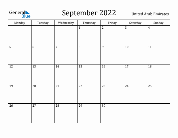 September 2022 Calendar United Arab Emirates