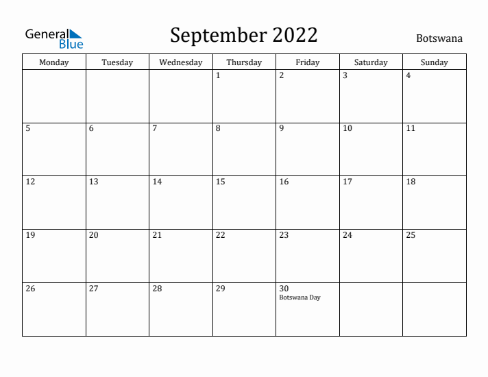 September 2022 Calendar Botswana