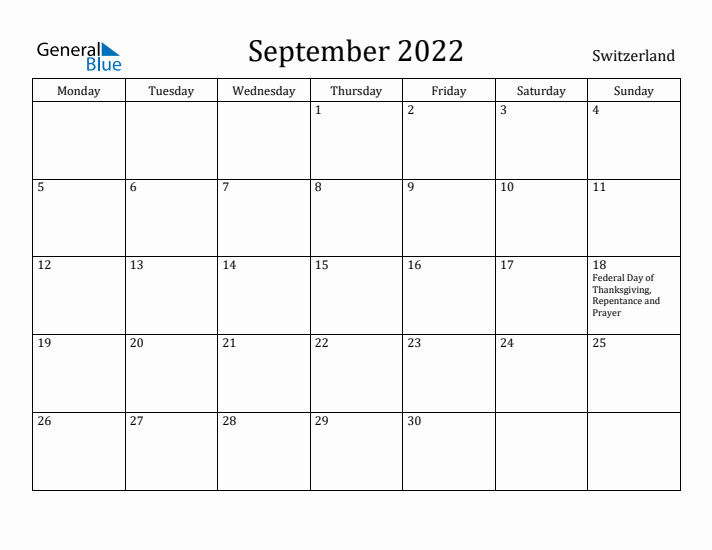 September 2022 Calendar Switzerland