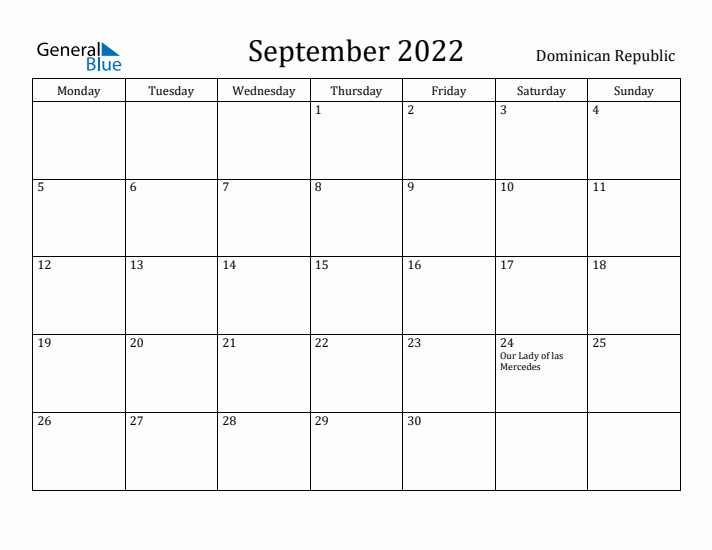 September 2022 Calendar Dominican Republic