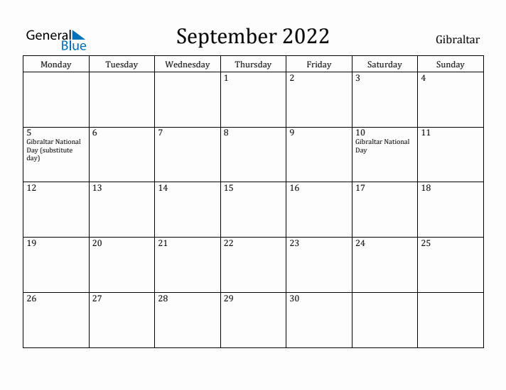 September 2022 Calendar Gibraltar