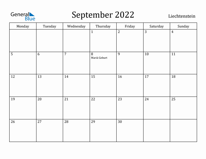 September 2022 Calendar Liechtenstein