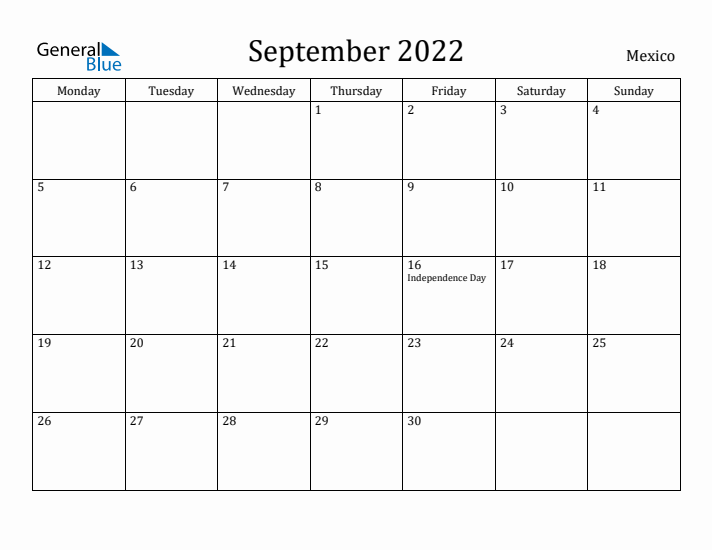 September 2022 Calendar Mexico