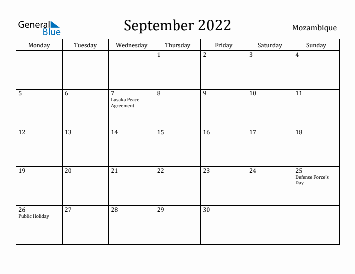 September 2022 Calendar Mozambique