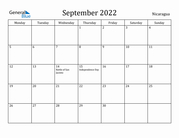 September 2022 Calendar Nicaragua