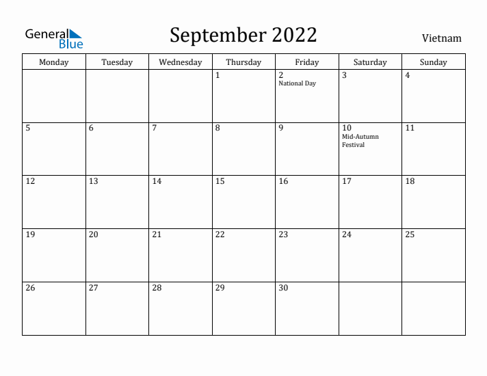 September 2022 Calendar Vietnam