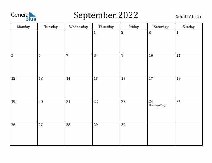 September 2022 Calendar South Africa