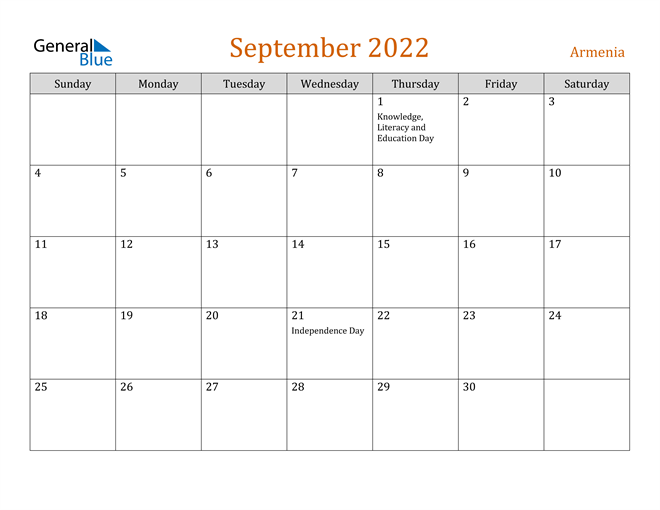 Armenia September 2022 Calendar with Holidays