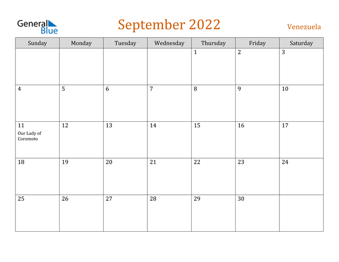 venezuela september 2022 calendar with holidays