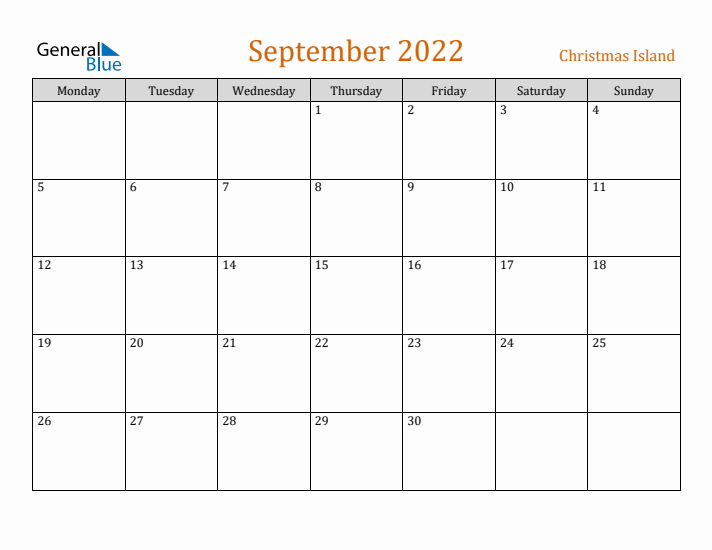 September 2022 Holiday Calendar with Monday Start