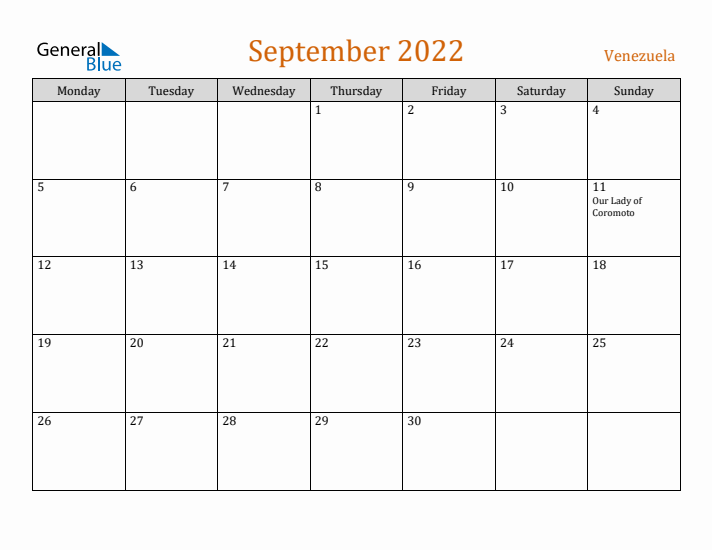 September 2022 Holiday Calendar with Monday Start