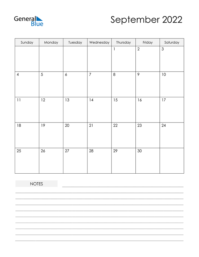  Printable Calendar with Notes - September 2022