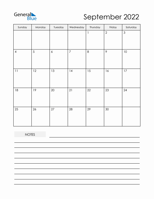 Printable Calendar with Notes - September 2022 