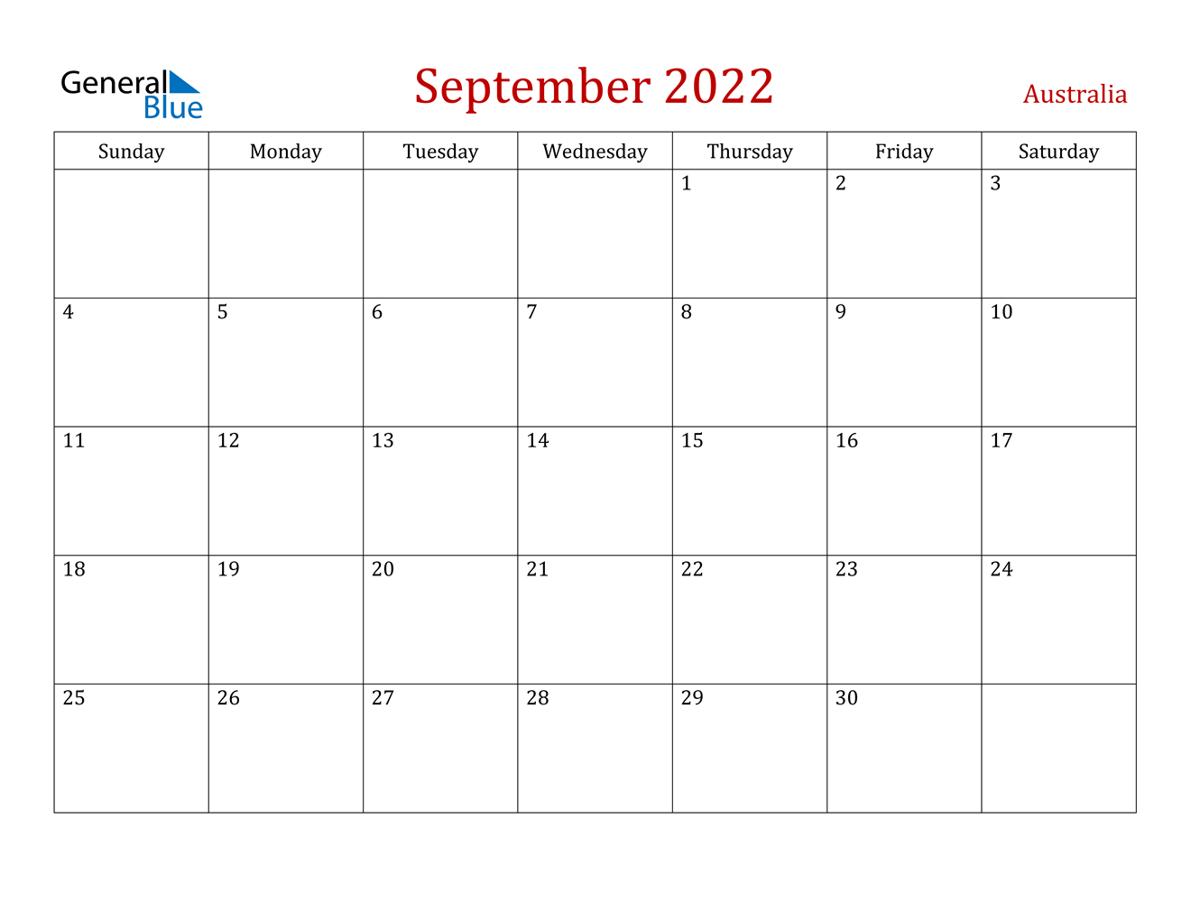 September 2022 Calendar Australia