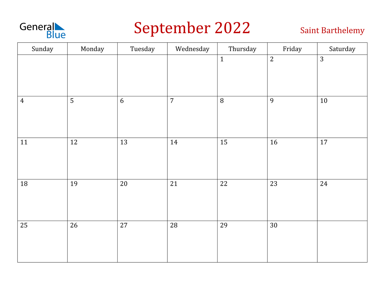 september 2022 calendar saint barthelemy