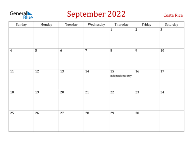 Costa Rica September 2022 Calendar