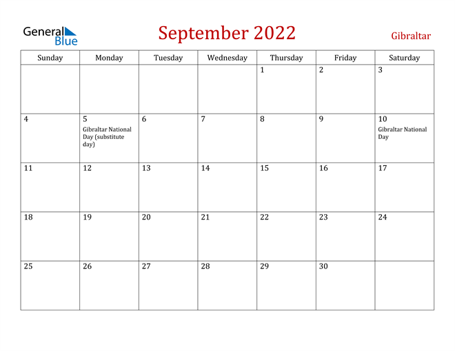 gibraltar september 2022 calendar with holidays