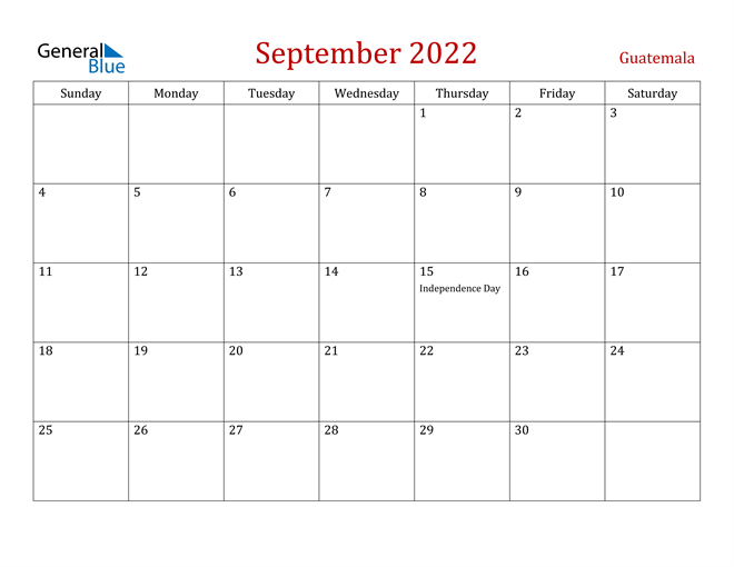 guatemala september 2022 calendar with holidays