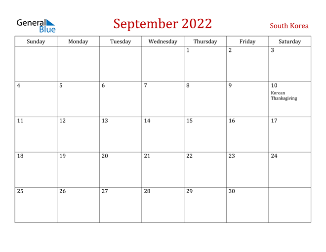 South Korea September 2022 Calendar