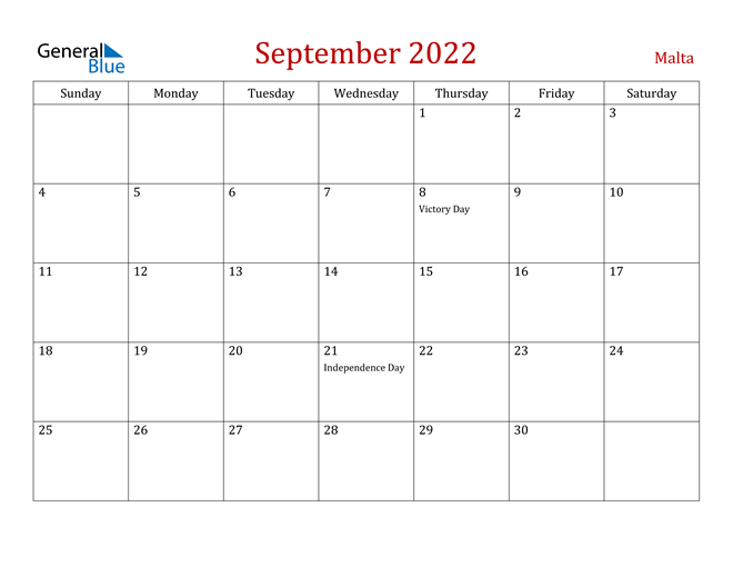 Malta September 2022 Calendar