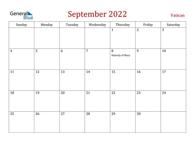 Vatican September 2022 Calendar
