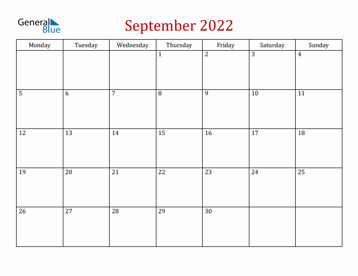 Blank September 2022 Calendar with Monday Start