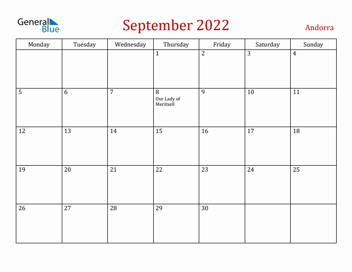Andorra September 2022 Calendar - Monday Start