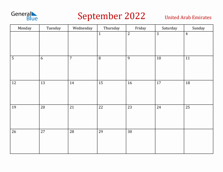 United Arab Emirates September 2022 Calendar - Monday Start