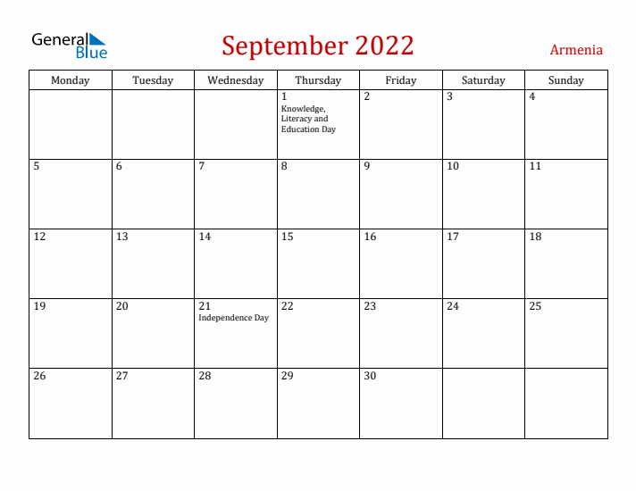 Armenia September 2022 Calendar - Monday Start