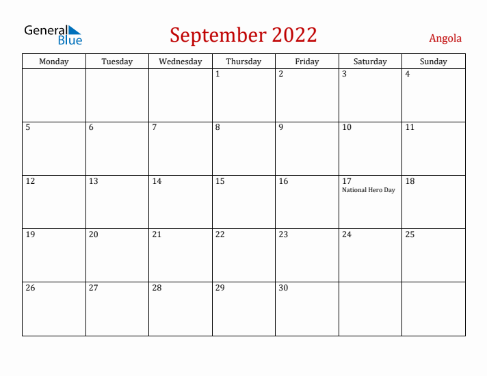Angola September 2022 Calendar - Monday Start