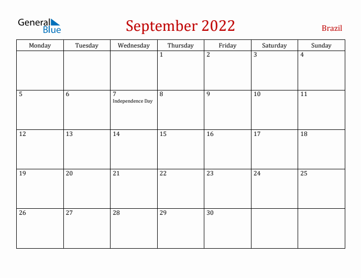 Brazil September 2022 Calendar - Monday Start
