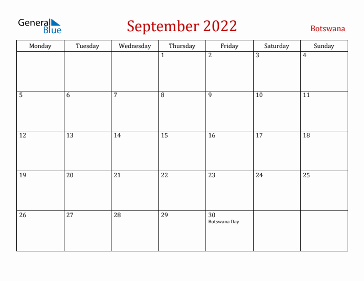 Botswana September 2022 Calendar - Monday Start