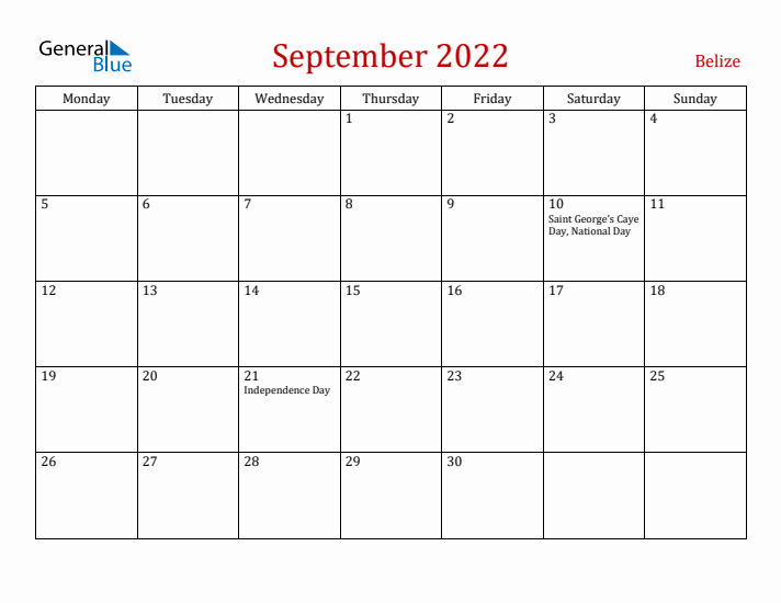 Belize September 2022 Calendar - Monday Start