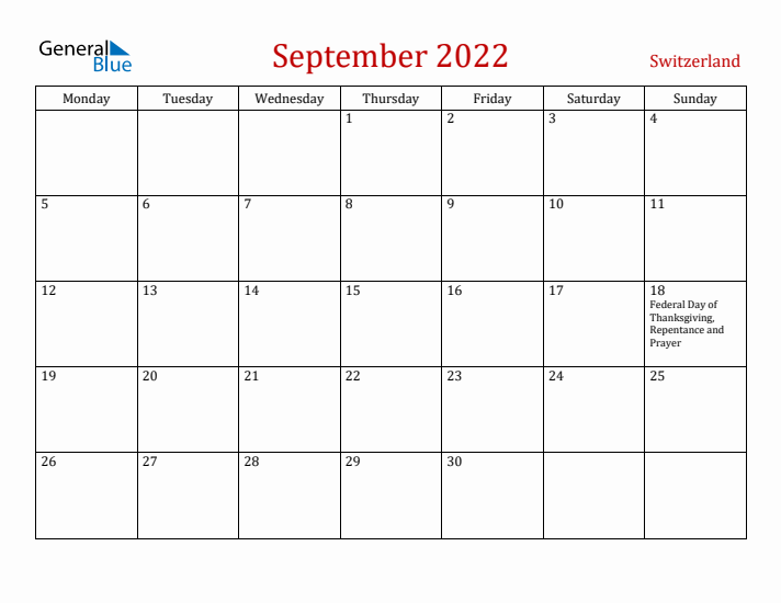 Switzerland September 2022 Calendar - Monday Start