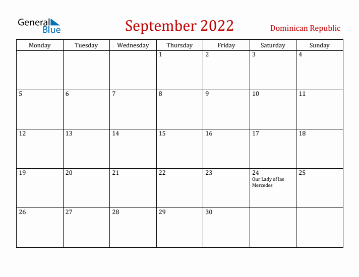 Dominican Republic September 2022 Calendar - Monday Start