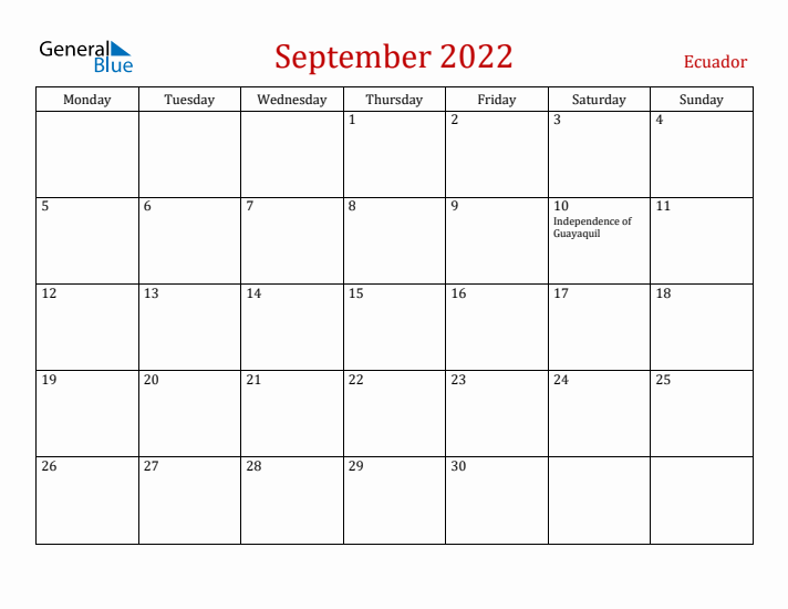 Ecuador September 2022 Calendar - Monday Start