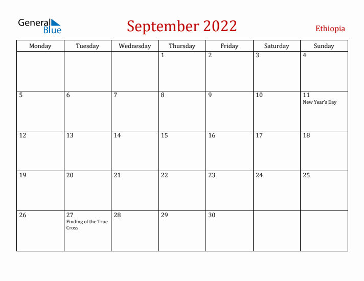 Ethiopia September 2022 Calendar - Monday Start