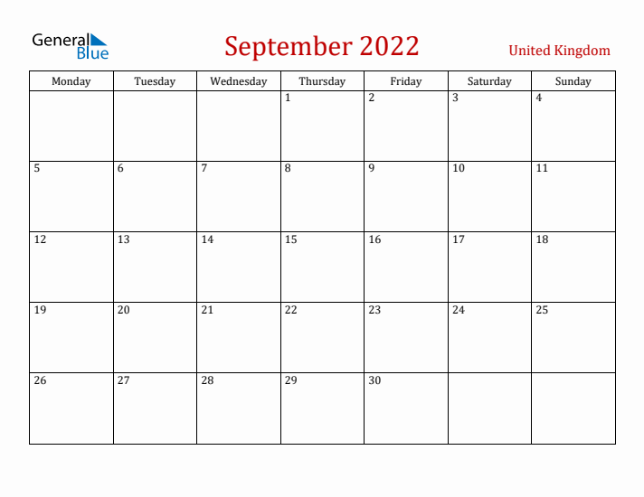 United Kingdom September 2022 Calendar - Monday Start