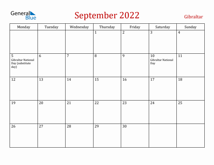 Gibraltar September 2022 Calendar - Monday Start