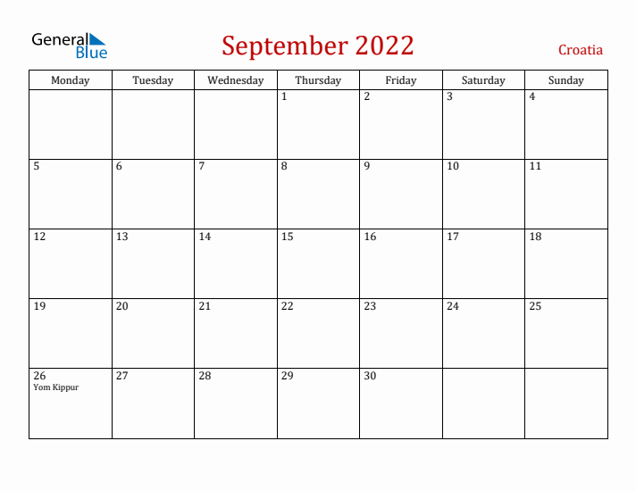 Croatia September 2022 Calendar - Monday Start