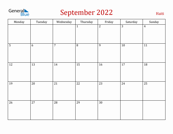 Haiti September 2022 Calendar - Monday Start