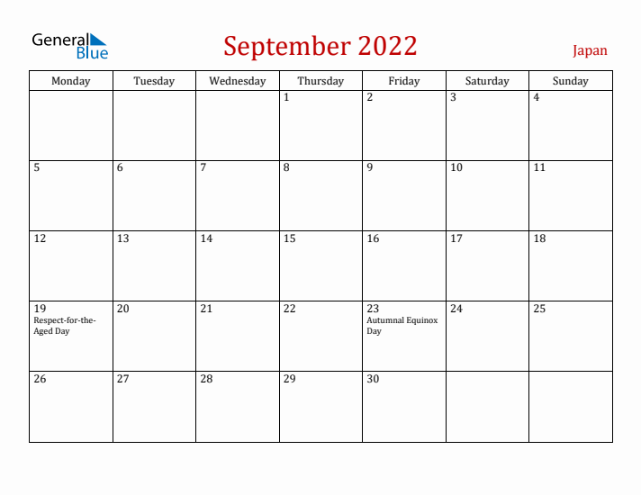 Japan September 2022 Calendar - Monday Start