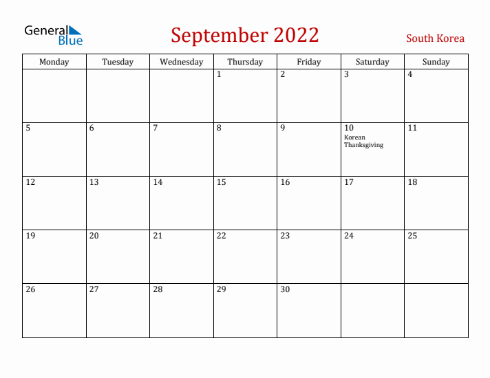 South Korea September 2022 Calendar - Monday Start