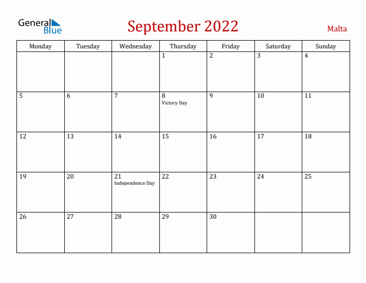Malta September 2022 Calendar - Monday Start