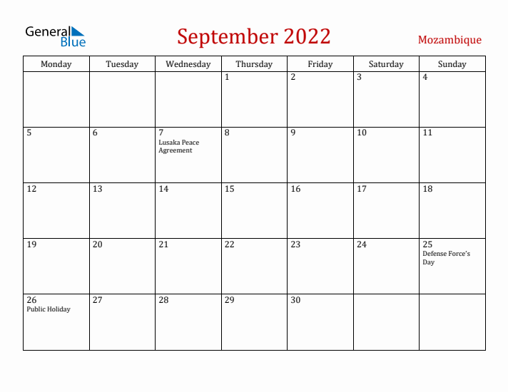 Mozambique September 2022 Calendar - Monday Start