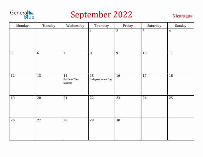 Nicaragua September 2022 Calendar - Monday Start