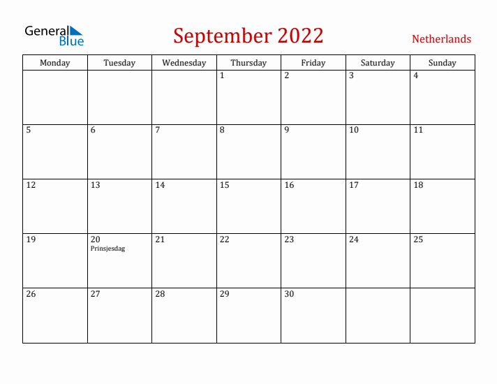 The Netherlands September 2022 Calendar - Monday Start