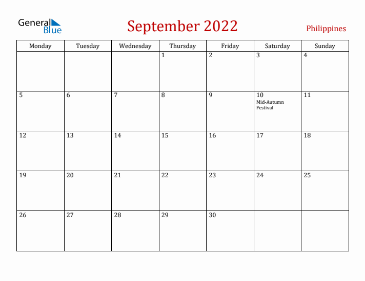 Philippines September 2022 Calendar - Monday Start