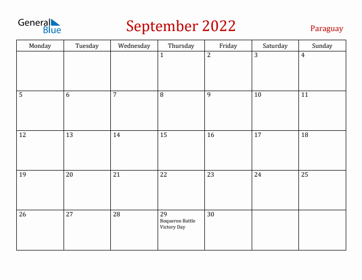 Paraguay September 2022 Calendar - Monday Start