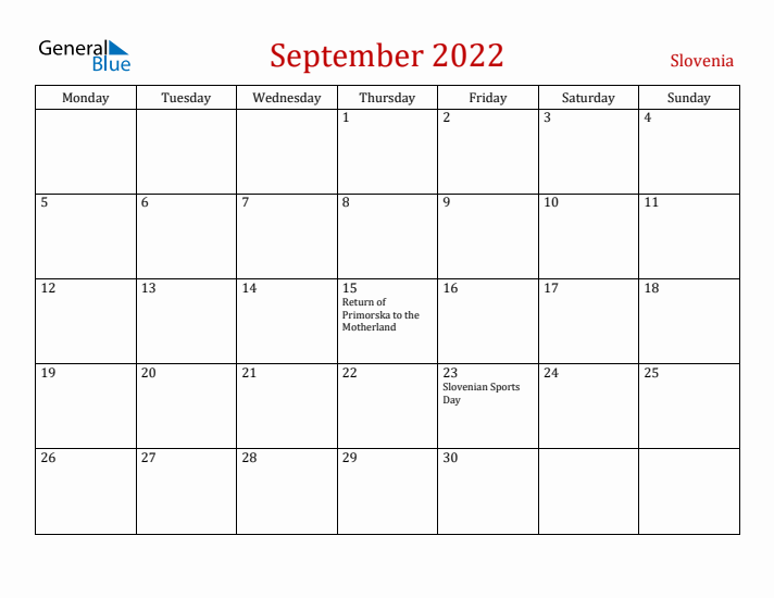 Slovenia September 2022 Calendar - Monday Start